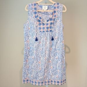 Pomegranate Block Print Birds Tassel Shift Dress Sz S Cotton India